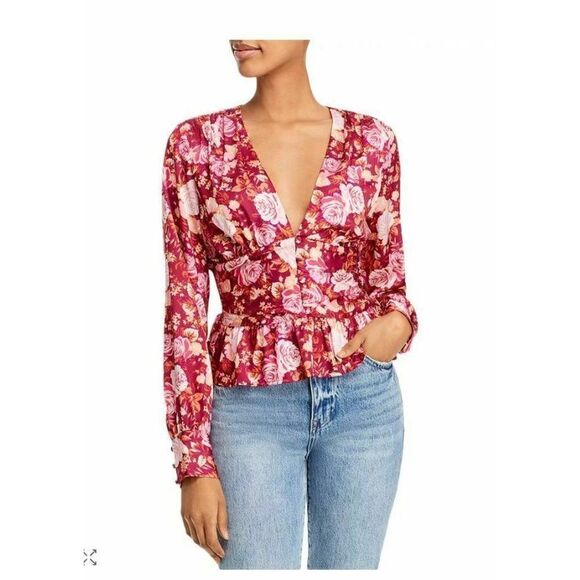 WAYF Womans Floral Smocked Peplum Shirt Blouse Top Size M V-Neck Ruffle NWT - Picture 1 of 6